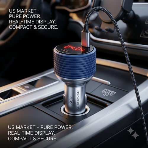 AUXNAVAR Starlink Mini Car Charger - Dual Port 12V/24V Fast Charging Adapter with LED Voltage Display